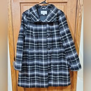 Relativity Plaid Black and Gray Women's Pea Coat Sz 2X